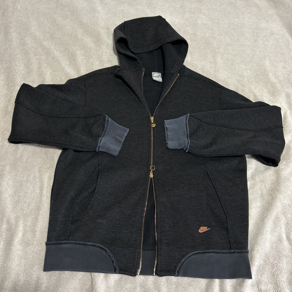 Vintage Nike Mens Large Full‎ Zip Hoodie Charcoal Grey Waffle Knit Thermal VTG